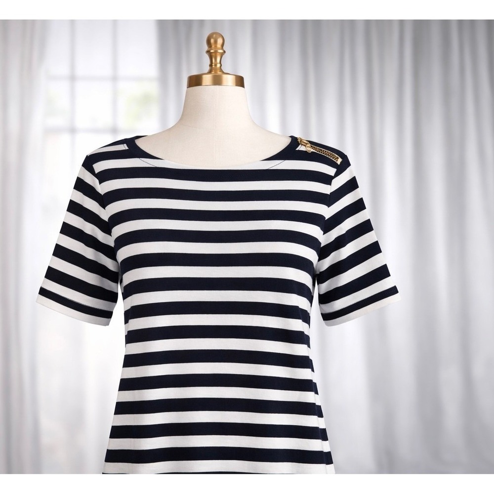 Lauren Ralph Lauren Top Womens XL Black White Striped Gold Shoulder Zipper